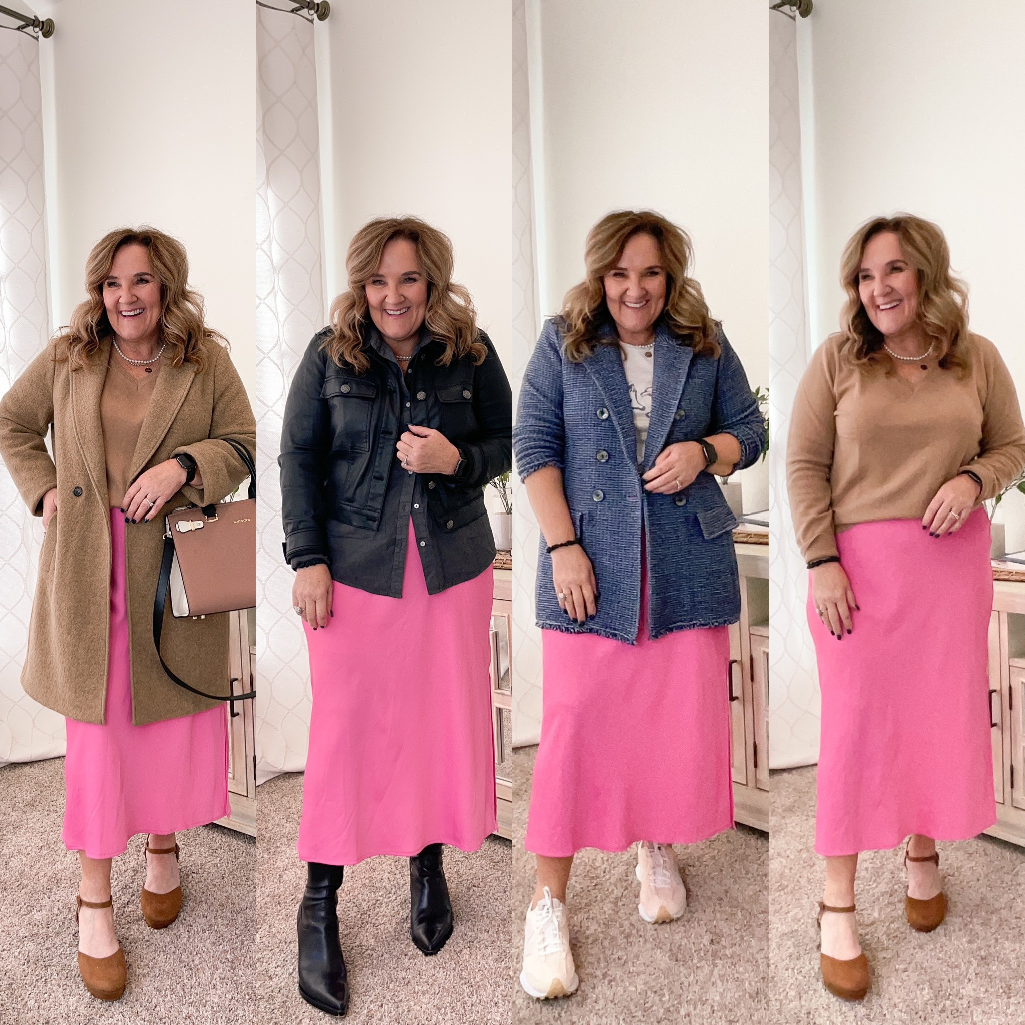 4 looks to wear a slip skirt or a pink bottom now!
Skirt size L (runs a little big)
Cashmere sweater size XL
Grey shirt size L
Blue tweed sweater blazer size 2.0 
Black booties size up 1/2
Brown shoes tts 

Linking similar black Moto jacket 
#competition

#LTKFind #LTKworkwear #LTKunder100