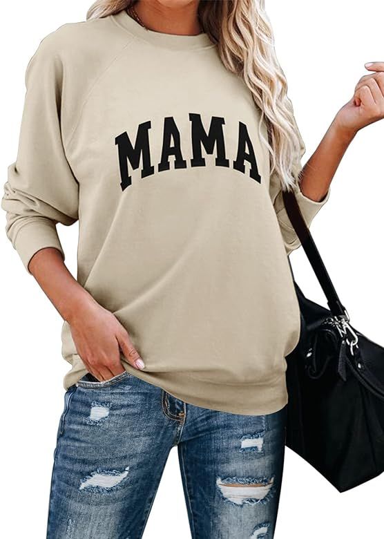 Amazon.com: Women Crewneck Sweatshirts Mama Letter Print Raglan Long Sleeve Fashion Pullover Tops... | Amazon (US)