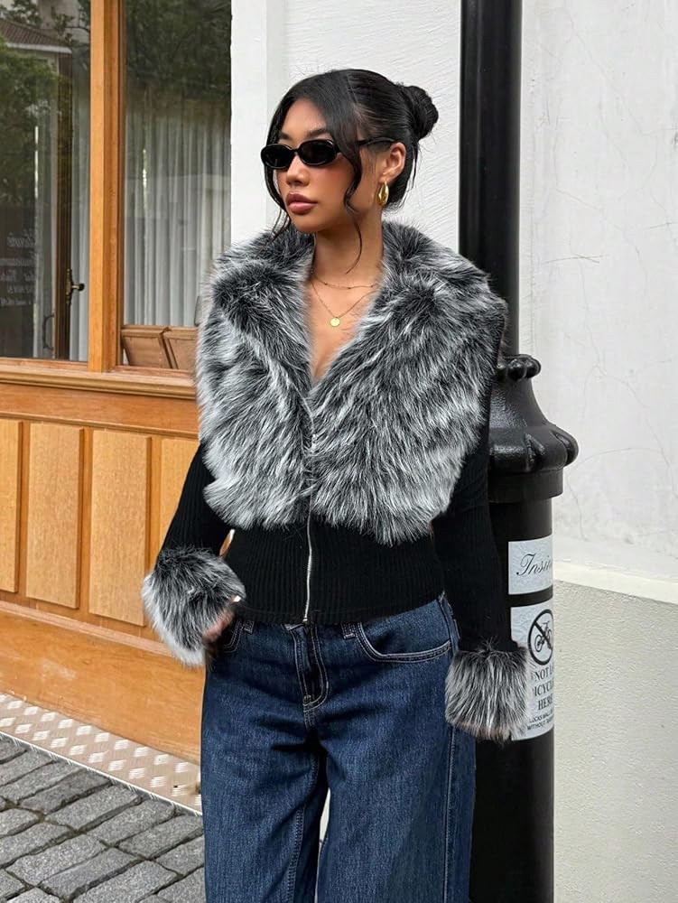 WDIRARA Women's Faux Fur Lapel Zip Up Jacket Long Sleeve Rib Knit Outerwear | Amazon (US)