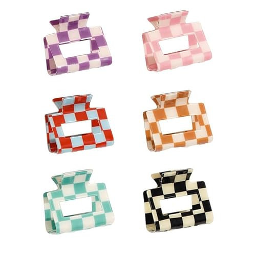Small Checkered Multicolored Rectangle Y2K Hair Claw Clips - 6 Pcs Strong Hold Hair Accessories for Thin & Thick Hair | Amazon (US)