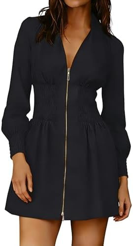Womens Long Sleeve Mini Dress V Neck Smocked Zipper Dress Casual A Line Short Dress with Pockets | Amazon (US)