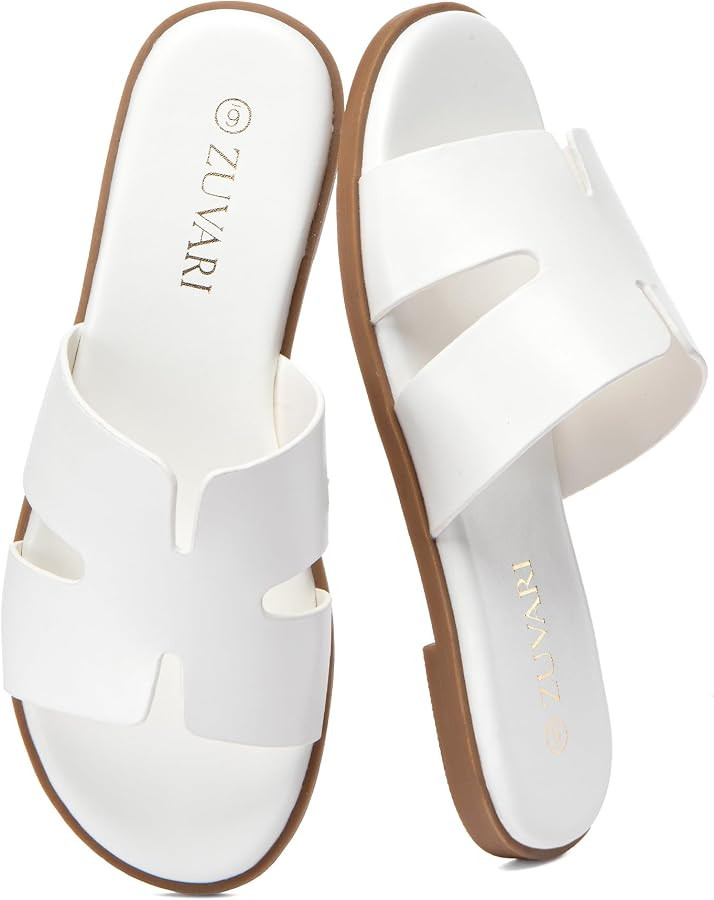 Women's Flat Sandals Open Toe Leather Slippers for Summer Slip On Beach Mules Dressy Comfortable ... | Amazon (US)