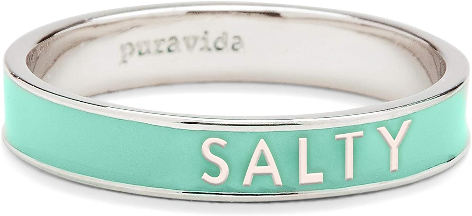 Pura Vida Silver-Plated Salty Word Enamel Stackable Ring - Brass Base, Stylish Design - Teal, Siz... | Amazon (US)