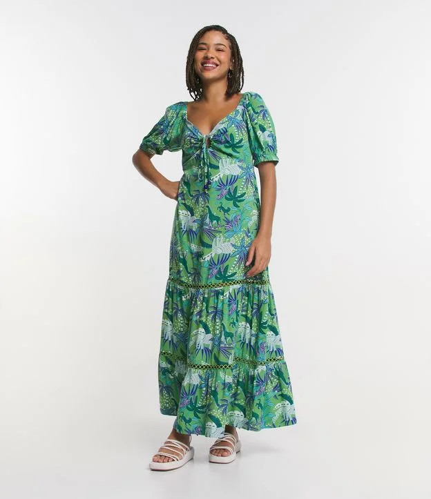 Vestido New Midi em Viscose Floral com Puxadinho no Busto Fluorite Green | Renner (BR)
