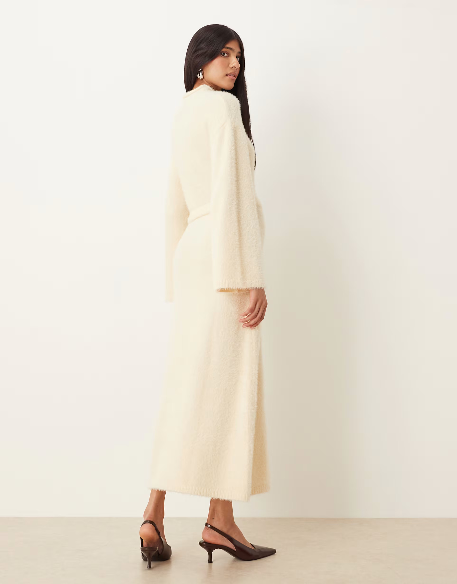 Pretty Lavish fluffy tie waist knitted midaxi jumper dress in cream | ASOS (Global)