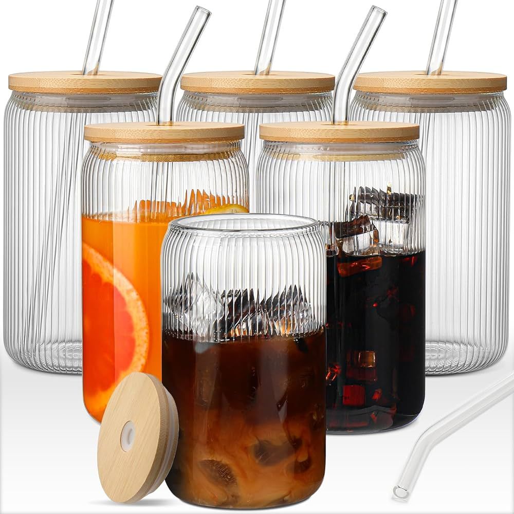 Ribbed Glass Cups with Lids and Straws 6pcs,16oz Iced Coffee Cups with Lids-DWTS Glass Coffee Cup... | Amazon (US)