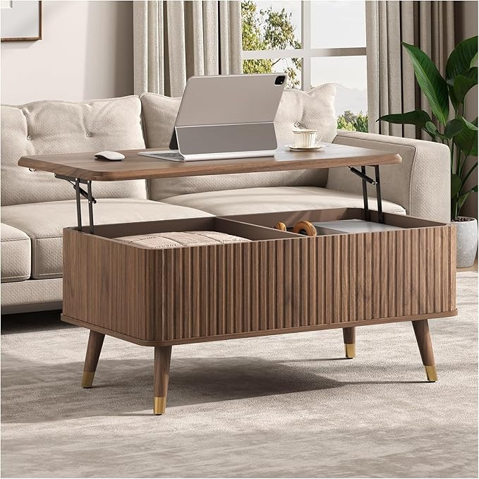 JOINICE Lift Top Coffee Table with Storage, Mid Century Modern Rectangular Center Table, Fluted D... | Amazon (US)