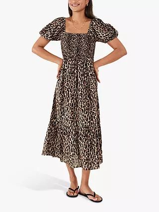 Accessorize Leopard Print Puff Sleeve Dress, Mid Brown | John Lewis (UK)