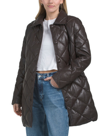 Genuine Leather Quilted Puffer Coat for Women | Polyester/Leather | Marshalls