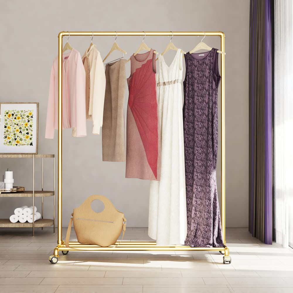 Gold Pipe Clothing Rack on Wheels Garment Rack with Bottom Shelf Heavy Duty Clothes Rack Hanging Rac | Amazon (US)