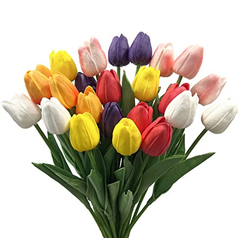 WISTART 24pcs Multicolor Artificial Tulips Flowers Fake Faux PU Tulip Bouquet Real Touch Flower Arrangement for Home Decoration Excellent Gift Idea for Mothers Day（Multi） | Amazon (US)