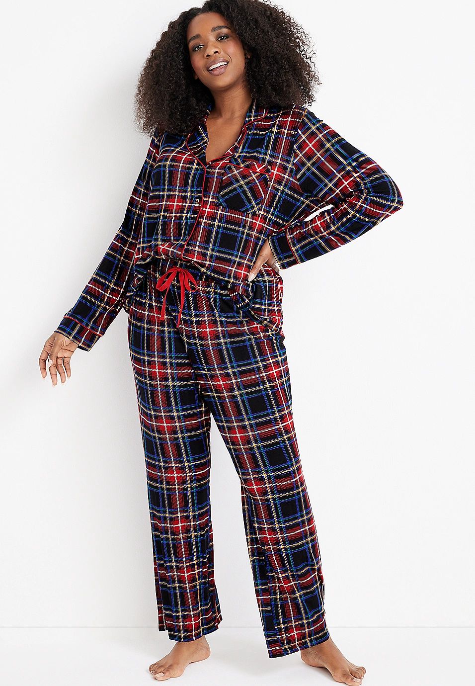 Holiday Plaid Button Down Top And Wide Leg Pajama Set | Maurices