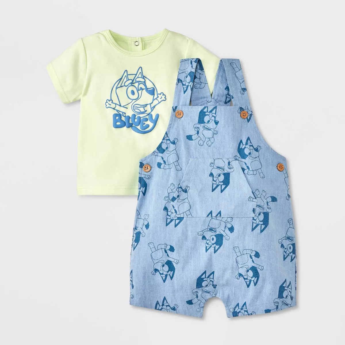 Baby Boys' 2pc Bluey Chambray Short Sleeve Overalls & T-Shirt Set - Blue/Green | Target