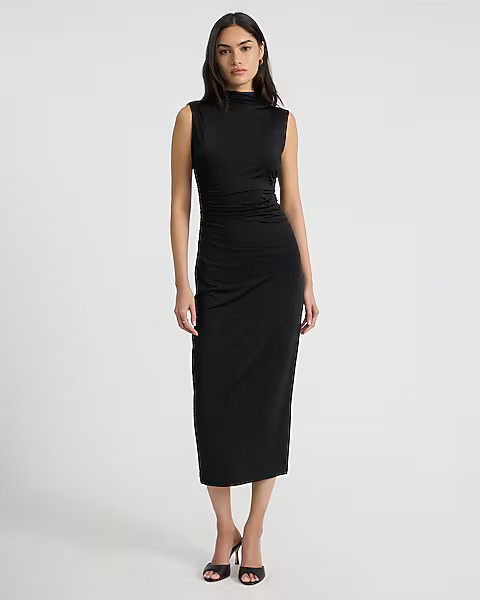 Body Contour Mock Neck Sleeveless Ruched Midi Dress | Express