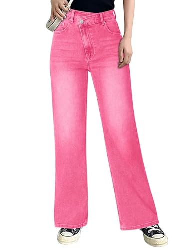 Genleck Women's Blue High Waisted Crossover Jeans - Wide Leg, Stretchable, Casual Denim Pants | Amazon (US)