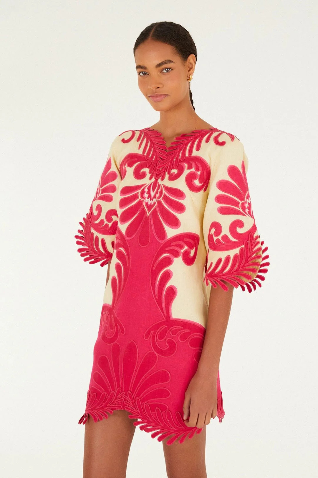 Pink Spring Arabesc Embroidered Euroflax Premium Linen Mini Dress, SPRING ARABESC PINK / L | FarmRio (US)