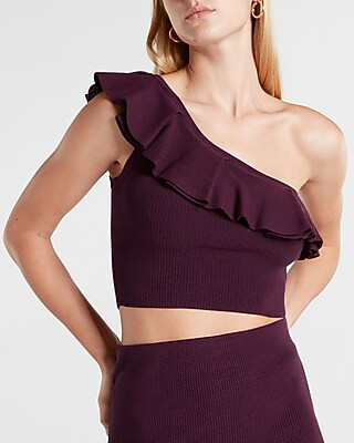 Body Contour Ruffle One Shoulder Cropped Sweater Tank | Express