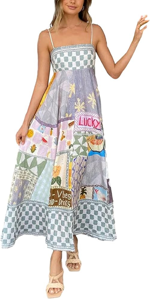 KMBANGI Women Spaghetti Strap Graffiti Maxi Dress Colorful Graphic A Line Swing Long Cami Dress B... | Amazon (US)