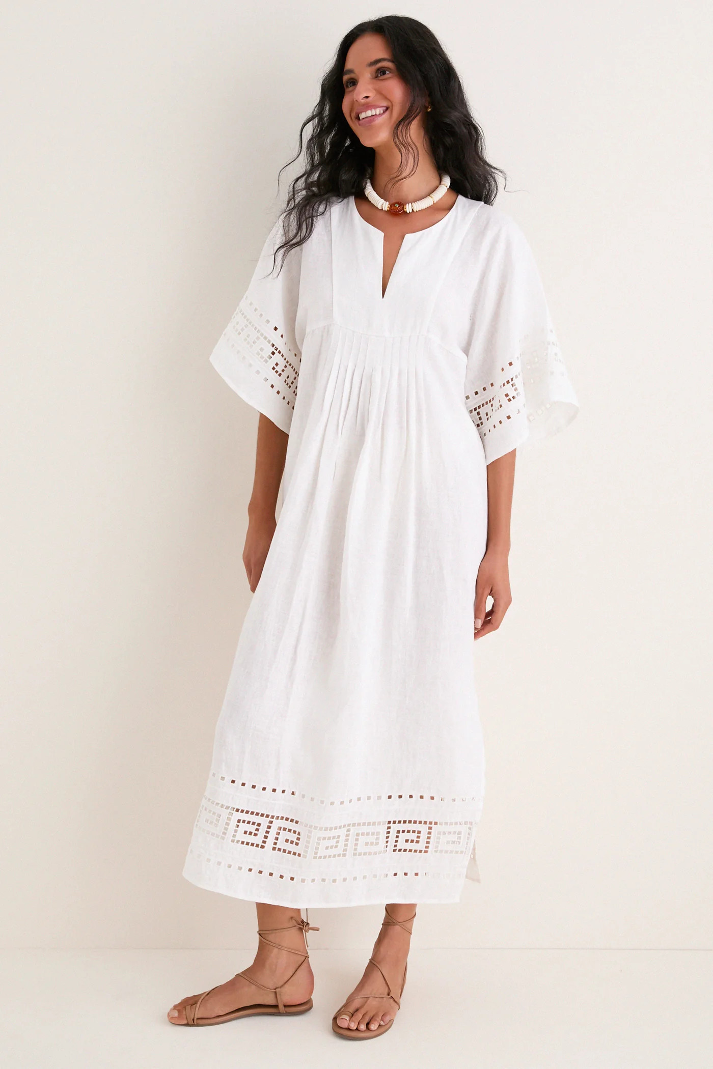 White Greek Key Embroidered Linen Adrianne Dress | Tuckernuck (US)