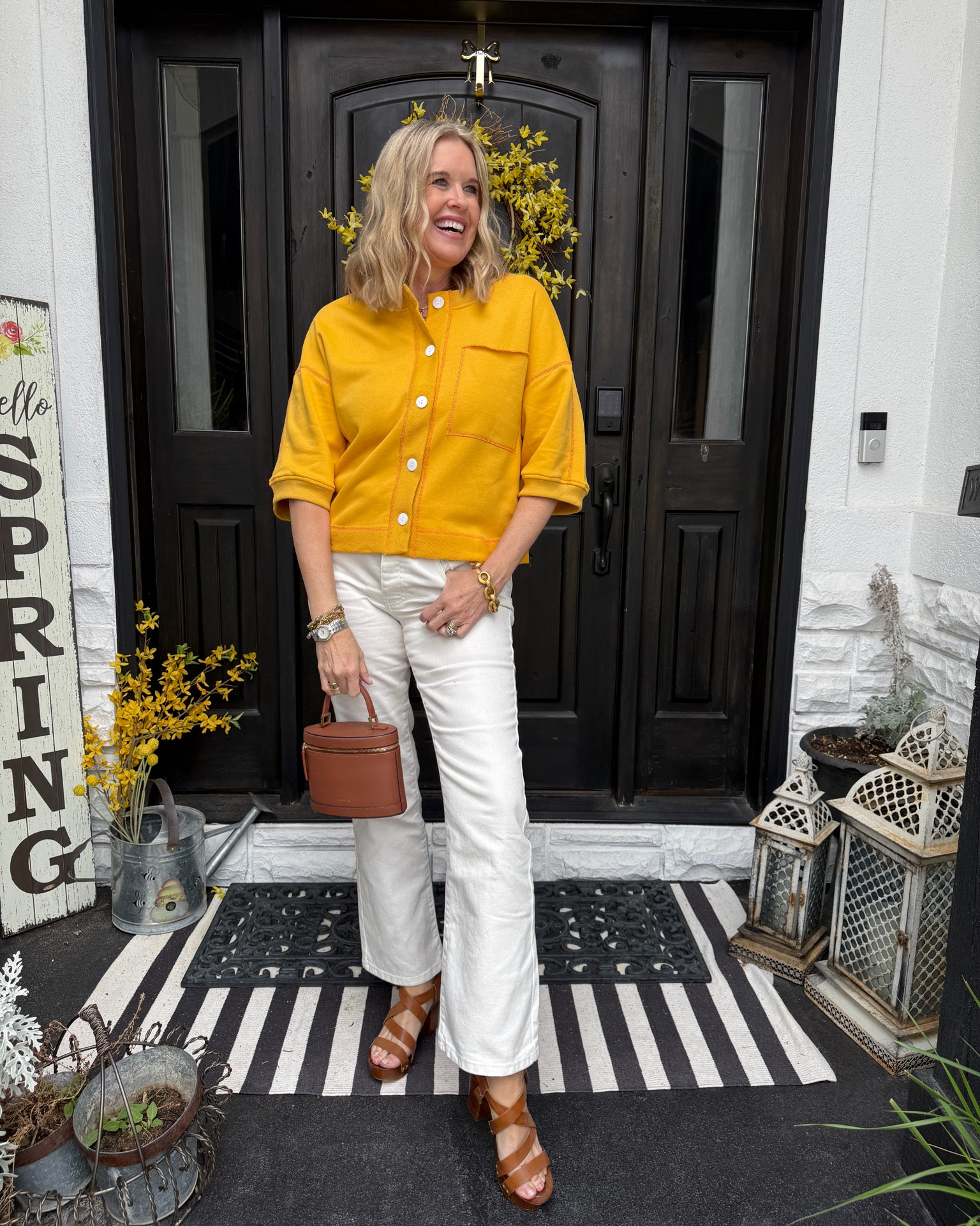 Amazon find top
That look great with
White jeans

Light weight feels like a soft l sweatshirt fits tts and is button up

White jeans that fit great on every figure , mid rise straight leg with a little flare

Tan straps heel wooden heel sandal (sold out) linked similar 

Paris 1965  mini bag that I don’t have any  regrets  purchasing 
So good hold essentials plus
Also great for travel 

Julie voz gold chain bracelet and gold hoops

#LTKootd #LTKOver40 #LTKmomlife