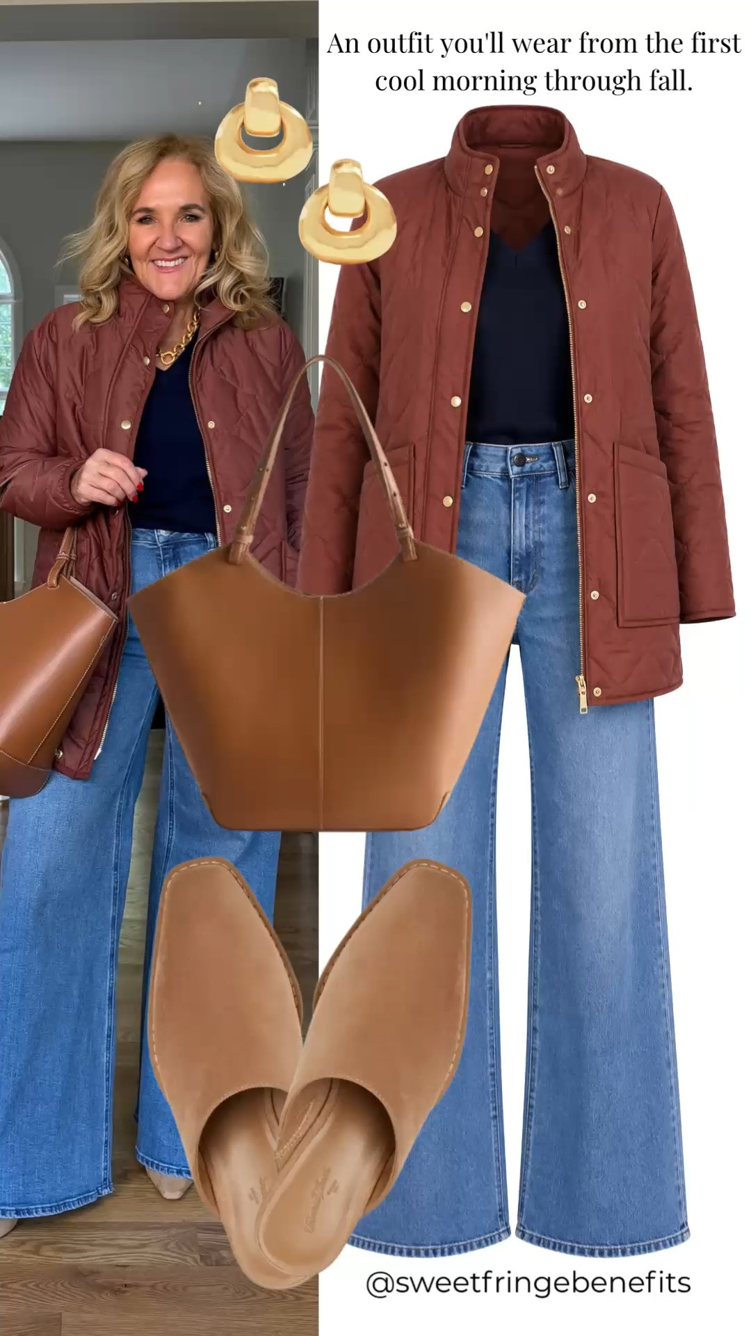 This is the kind of outfit you’ll want on repeat from the first cool morning through fall. A quilted brown jacket over a navy top and relaxed wide-leg jeans creates an easy, classic combination, while the cognac bag and suede mules add warmth and polish. Comfortable enough for everyday errands, lunch, or a day of shopping, but still pulled together.

💡 LTK MADE EASY
❤️ Heart = Support my posts!
🔖 Save = Get sale & restock alerts
📋 Lists = Keep favorites organized
📲 Share = Send lists and products to a friend. Hello, Christmas List!
💬 Comment = Ask me anything about what I'm wearing.:-)

#LTKootd #LTKSeasonal #LTKOver40