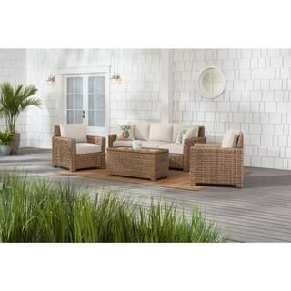 Hampton Bay Laguna Point 4-Piece Natural Tan Wicker Outdoor Patio Conversation Seating Set with C... | The Home Depot