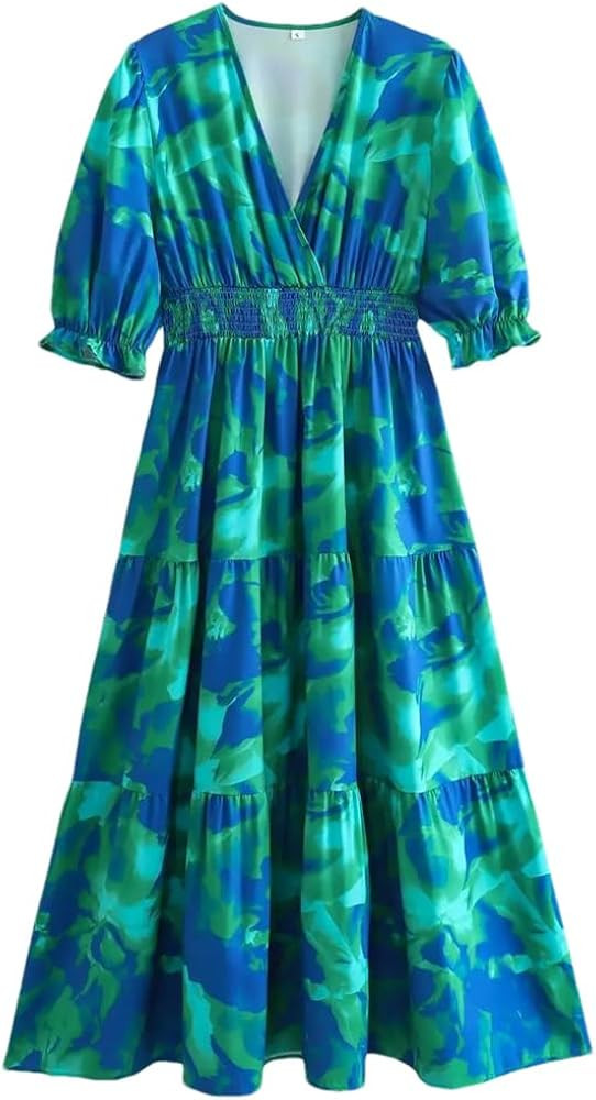 Women Vintage V-Neck Tie Dye Printed Midi Dress Slim Puff Sleeve Midi Long Dresses | Amazon (US)