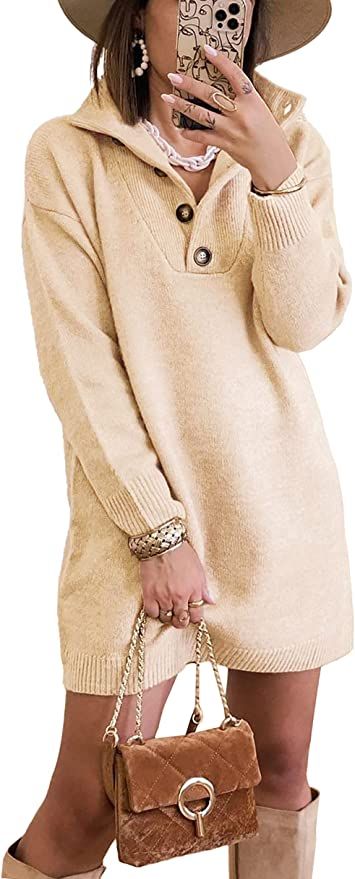 KIRUNDO 2023 Fall Winter Women's Long Sleeve Turtleneck Sweater Dress Button Down Solid Lapel Kni... | Amazon (US)
