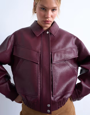 Topshop faux leather bubble boxy zip up bomber jacket in burgundy | ASOS (Global)