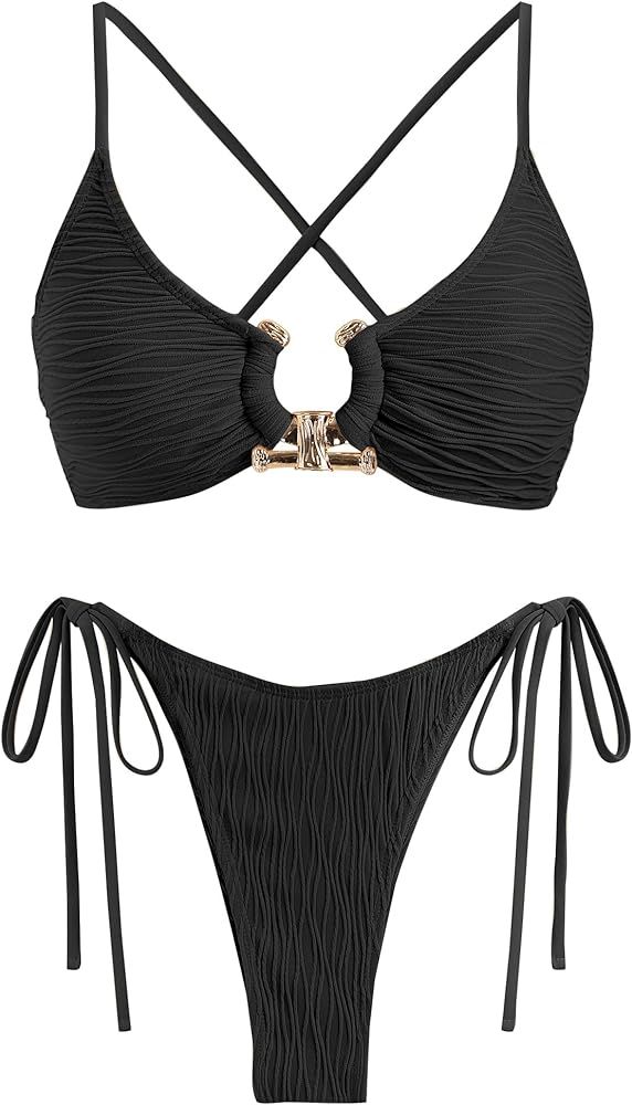 ZAFUL Conjunto de bikini para mujer, traje de baño de dos piezas con anillo en O de metal acanal... | Amazon (US)