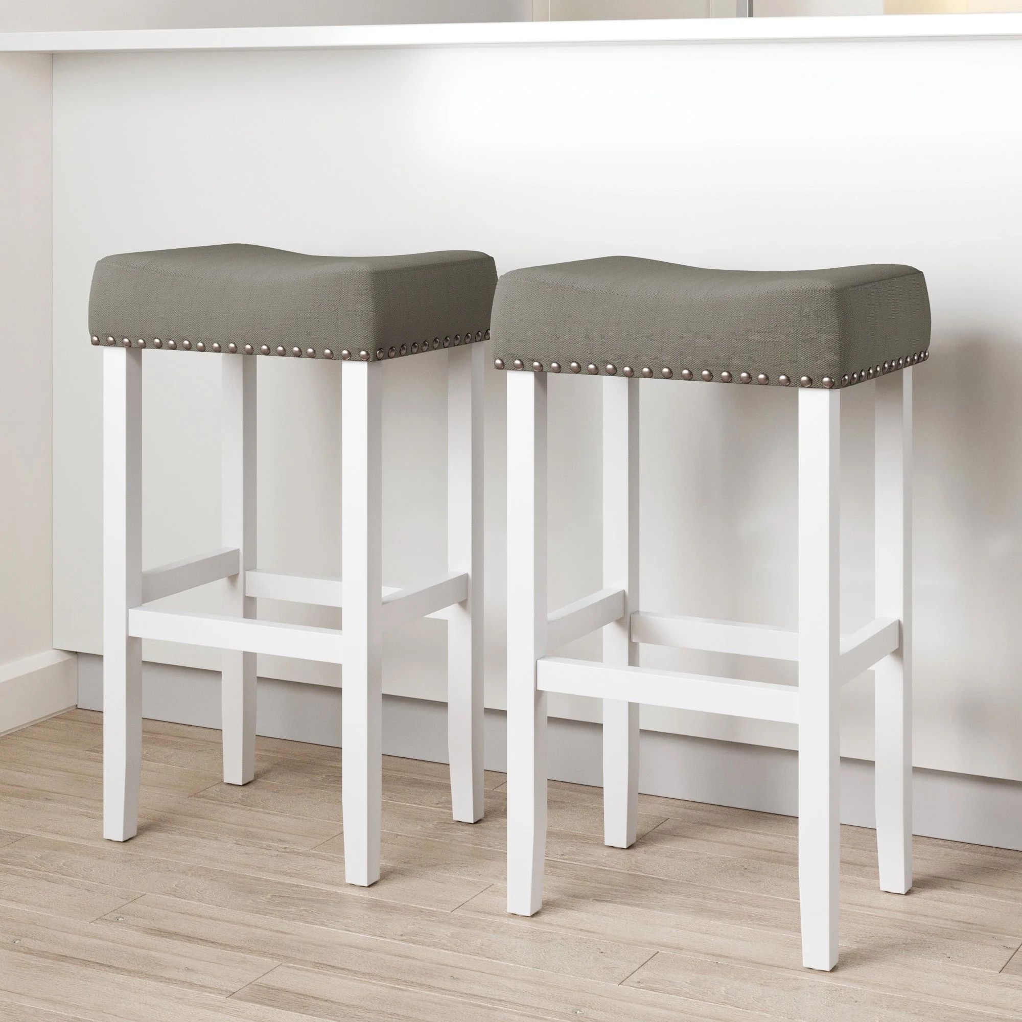 Set of 2 Upholstered Bar Stools White Gray | Nathan James