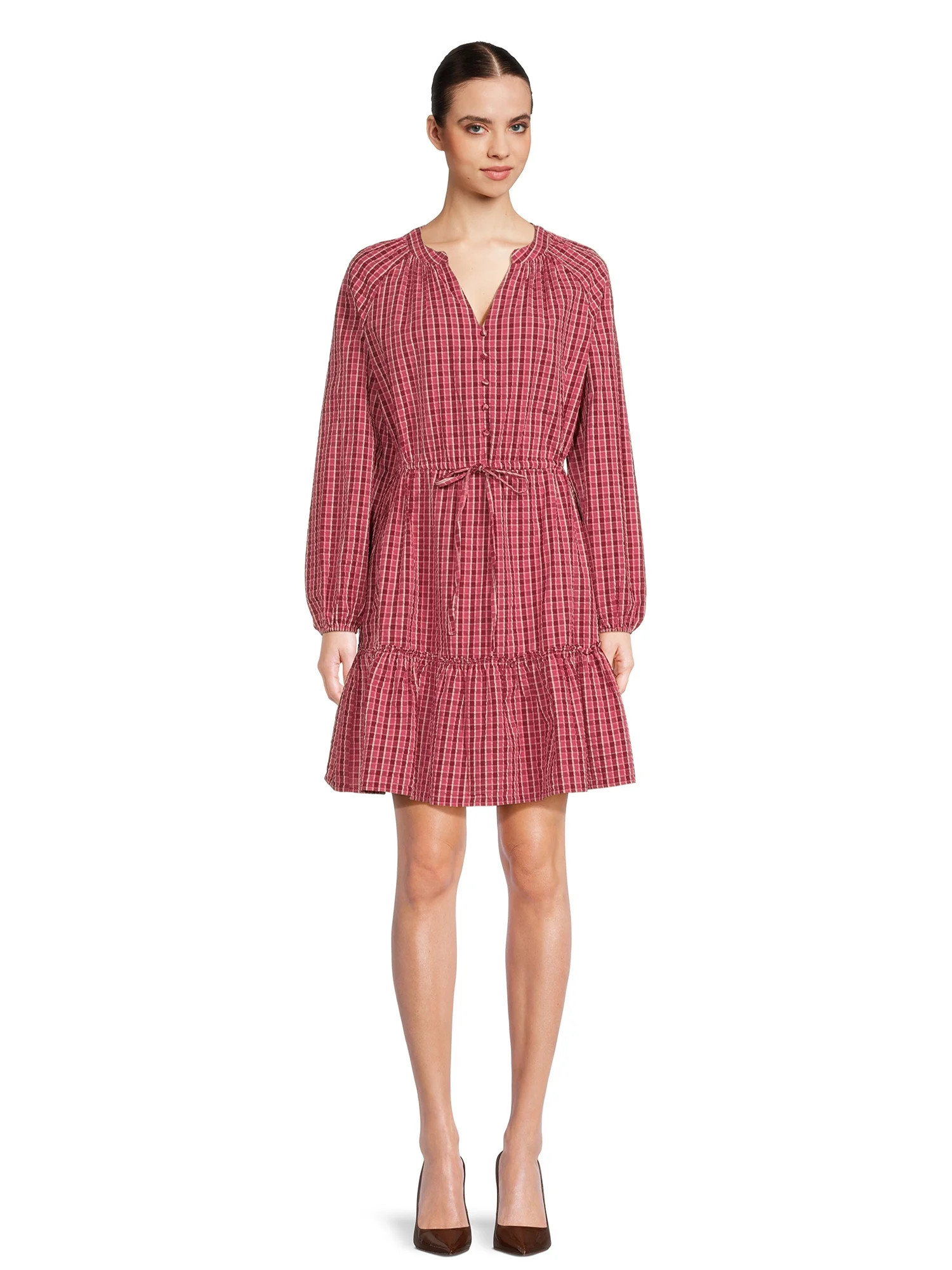 Time and Tru Women's Long Sleeve Micro Plaid Dress | Walmart (US)