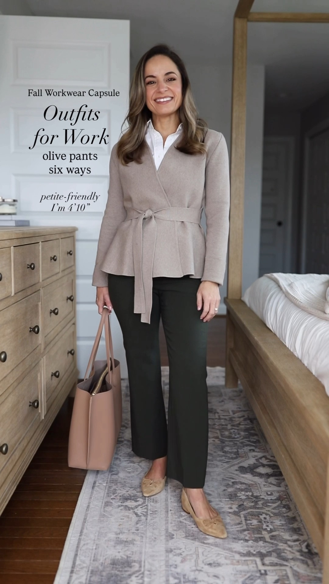 The 2026 Fall Workwear Capsule Wardrobe series: outfits for work with olive green pants! 

The pants have a 9.5” rise and a 25.5” inseam. They run slim across the hips, I recommend a size up if you’re curvy. 

Orange Cardigan (Quince): xs 
Navy Sweater T-Shirt (Quince): xs 
Ivory Draped Top (Quince): xs 
Brown Ribbed Top (Quince): xs 
Wrap Cardigan (Aritzia): xs
White Button Down (J.Crew): petite 00 
Burgundy Short Sleeve Top (BR Factory): xxs 
Striped Button Down (Ann Taylor): xxs 
Brown Wide Leg Pants (BR Factory): petite 00 (doubleweave is sold out in brown, linking in black, similar option in the Hayden Pants)
Wide Leg Jeans (J.Crew Factory): petite 24 
Burgundy Wide Leg Pants (BR Factory): petite 00 
Navy Slim Pants (Ann Taylor): petite 00 (I’m wearing curvy, but linked both fits)
Olive Cropped Flare Pants (J.Crew): petite 0 
Tan Blazer (J.Crew): petite 00 
Navy Blazer (J.Crew): petite 00 
Trench Coat (J.Crew): petite 00 

For size comparison, I’m 4’10” 105lbs. My measurements are 32”, 24”, 36”. I typically wear petite xxs/00/24 and have a 25” ankle inseam and a 27.5-28” full length inseam.

#LTKPetite