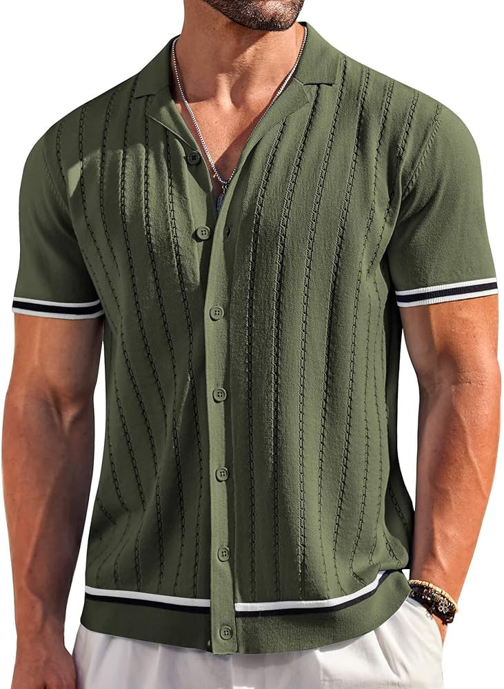 COOFANDY Men's Short Sleeve Knit Shirt Casual Button Down Shirt Vintage Striped Knitted Golf Beac... | Amazon (US)