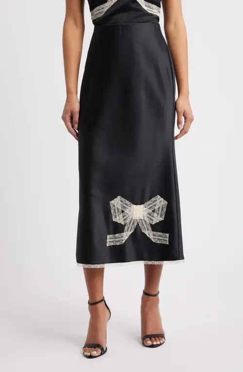 LoveShackFancy Vallis Lace Bow Midi Skirt in Black at Nordstrom, Size Xx-Small | Nordstrom
