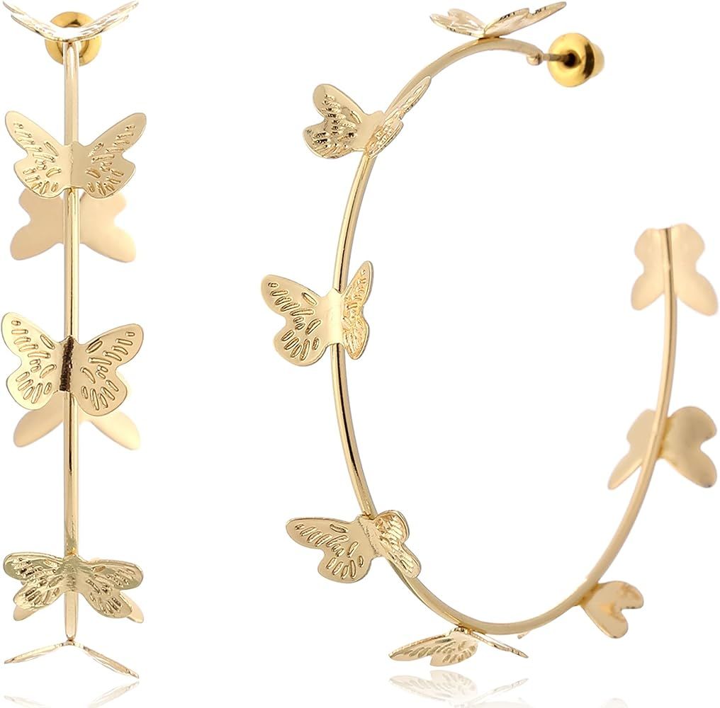 JENSVOIR Gold Hoop Earrings for Women - Large Gold Plated Pearl Heart Butterfly Earrings Trendy, ... | Amazon (US)