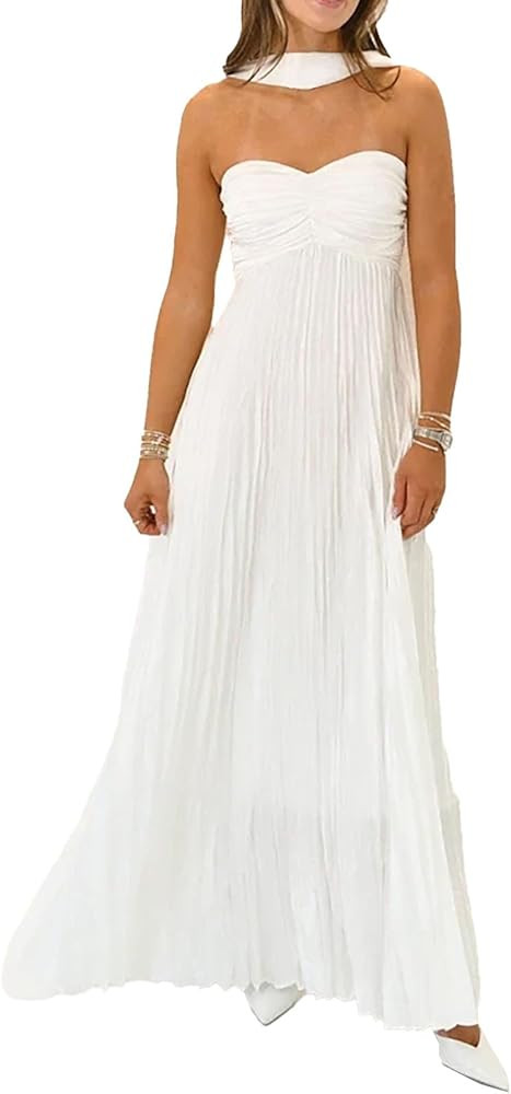 Women Bridesmaid Dresses with Scarf Strapless Pleated Flowy Solid Long Formal Wedding Guest Dress... | Amazon (US)