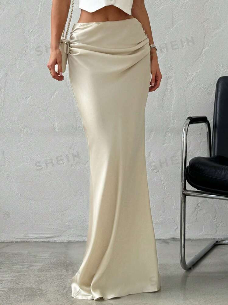 Firerie Elegant Simple Romantic Date/Work Versatile Solid Color Satin Maxi Skirt, Low Waist In Be... | SHEIN