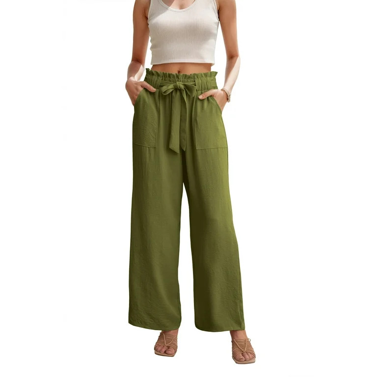JWD Women's Wide Leg Pants With Pockets High Waist Adjustable Knot Loose Casual Trousers Business... | Walmart (US)