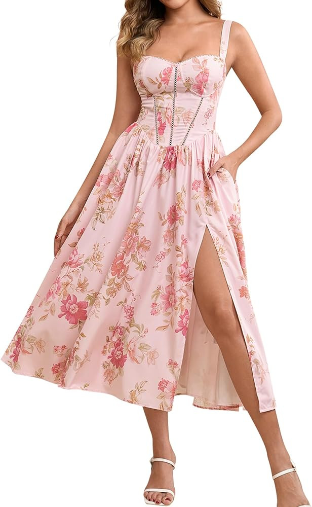 KUTUMAI Floral Corset Midi Dress Flowy Slit Summer Spring Wedding Guest Dresses for Women Sundres... | Amazon (US)