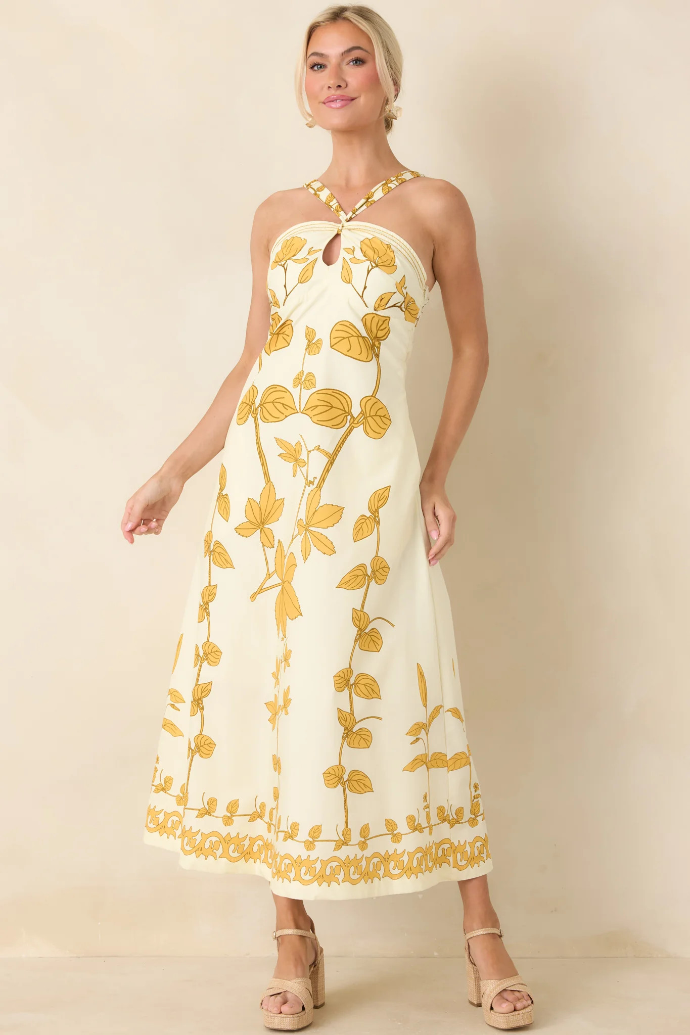 Aylaya Zoey Ivory & Honey Gold Floral Cotton Halter Neck Maxi Dress | Red Dress