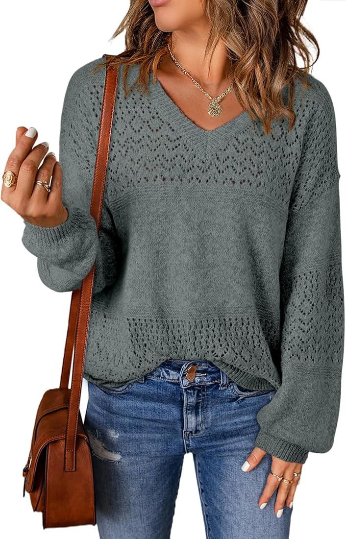 SHEWIN Womens Sweaters Casual Long Sleeve V Neck Lightweight Crochet Pullover Sweater Tops | Amazon (US)