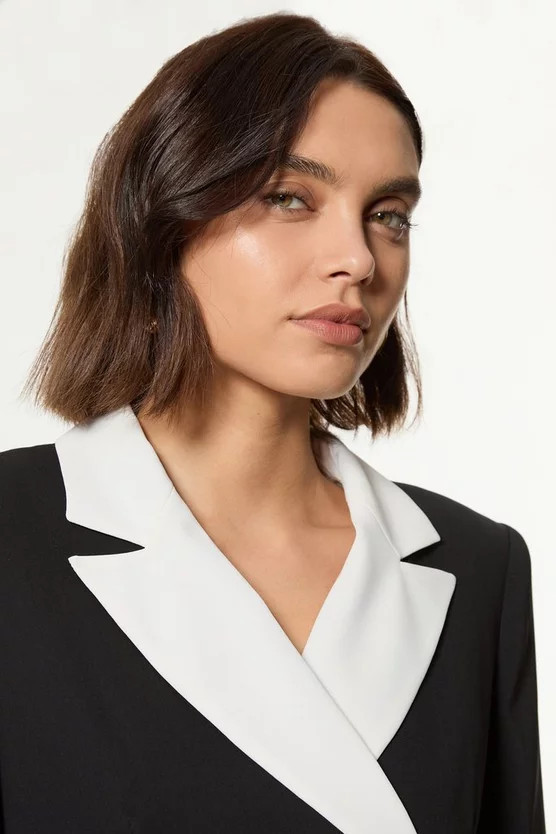 Long Sleeve Contrast Collar Pleated Button Detail Woven Midi Dress | Karen Millen UK + IE + DE + NL