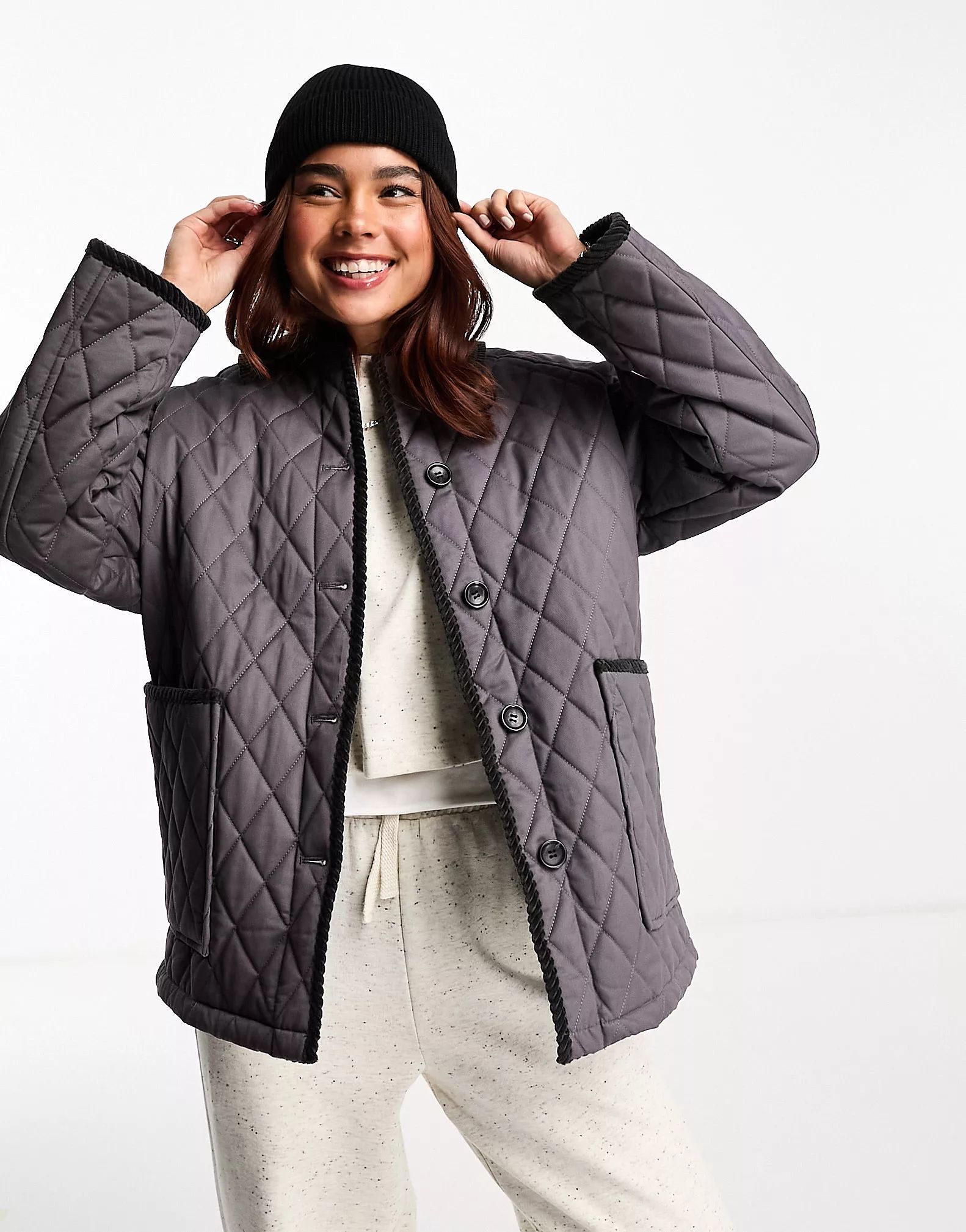 ASOS DESIGN cotton quilt jacket with cord collar in charcoal | ASOS | ASOS (Global)