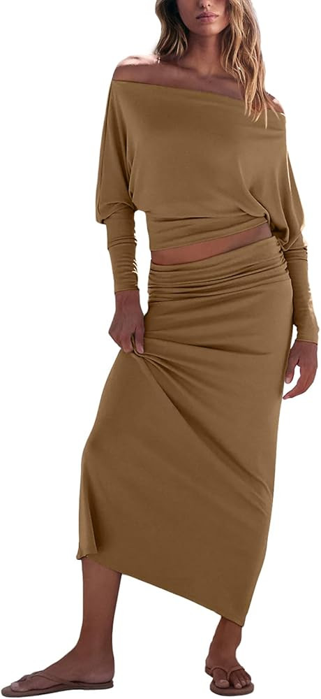 UNIANKIYA 2 Piece Skirt Sets For Women Size XS-L Casual Off Shoulder Batwing Long Sleeve Tops and... | Amazon (US)