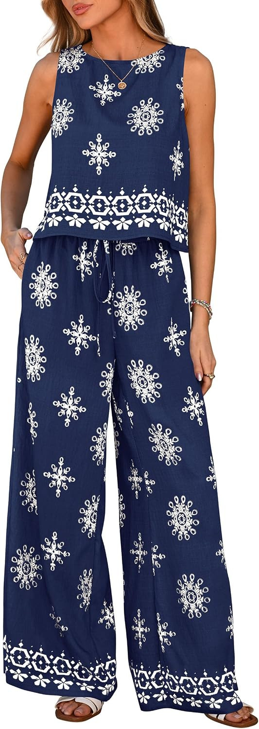 PRETTYGARDEN Women's 2026 Summer 2 Piece Lounge Sets Boho Floral Tank Tops Flowy Wide Leg Pants Travel Beach Vacation Outfits | Amazon (US)