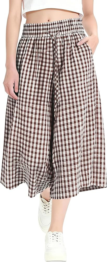 Rapbin Wide Leg Capri Pants for Women Gingham Striped Culottes Flowy Elastic Waist Cropped Palazz... | Amazon (US)
