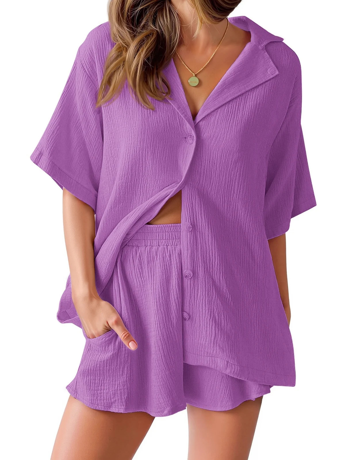 Fantaslook 2 Piece Womens Outfit Sets Button Down Shirts and Shorts Casual Lounge Sets Short Slee... | Walmart (US)