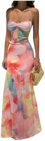 Floerns Women's Floral Mesh Halter Backless Boho Maxi Dress Spaghetti Strap Vacation Long Dresses | Amazon (US)