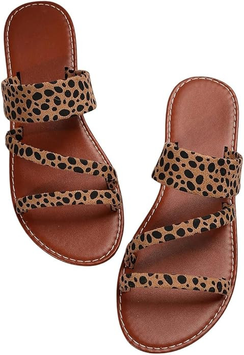 Verdusa Women's Leopard Print Strappy Summer Flat Sandals Slip On Slides | Amazon (US)